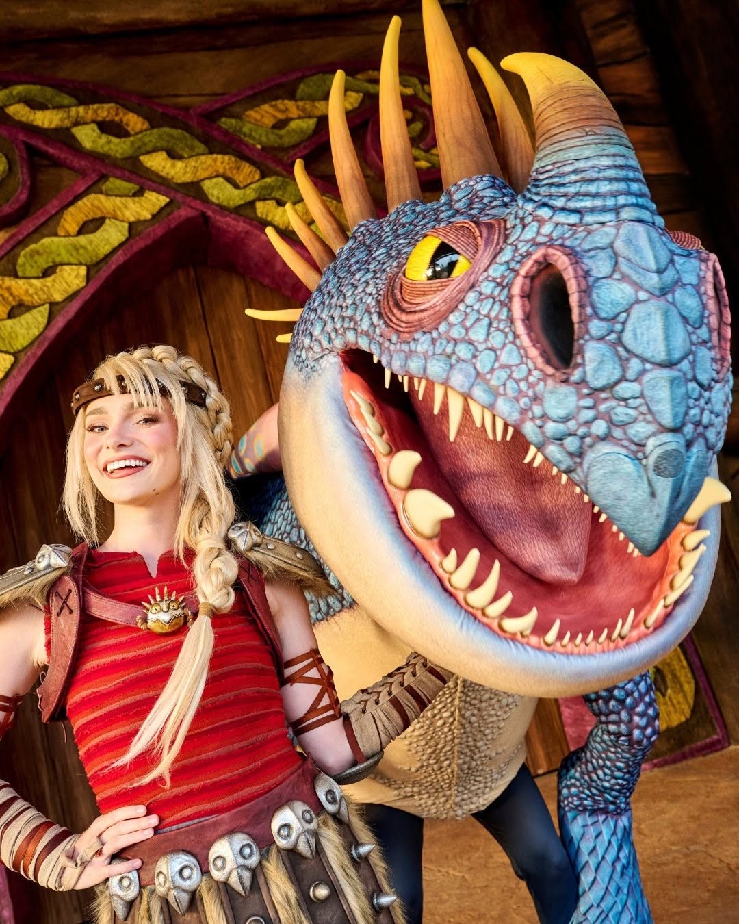 A dragon and Viking character welcoming visitors to their world.